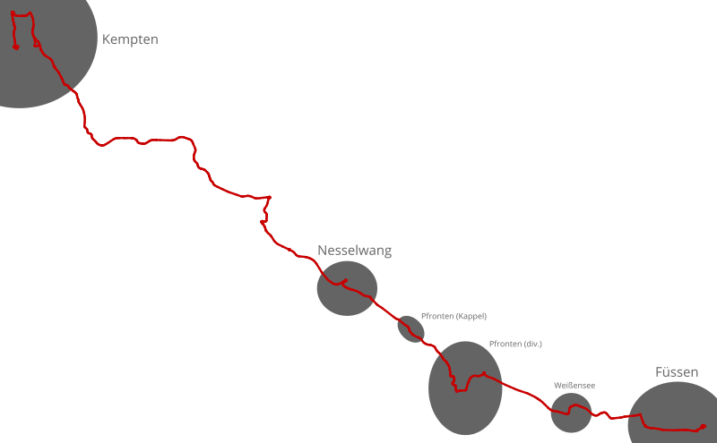 Die Route der 63/71 frühmorgens, mit extrem detailliert eingezeichneten Ortschaften entlang des Wegs.