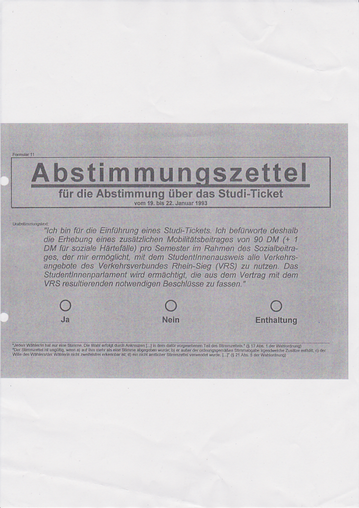 Aus dem AStA-Archiv: Stimmzettel zur Urabstimmung über die Einführung des Studitickets aus dem Jahr 1993.